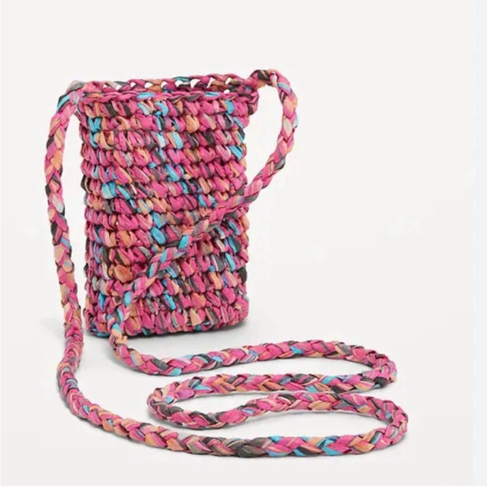 NWOT Old Navy Straw-Paper Crochet Crossbody Bag in Pink Multicolor - Picture 11 of 13